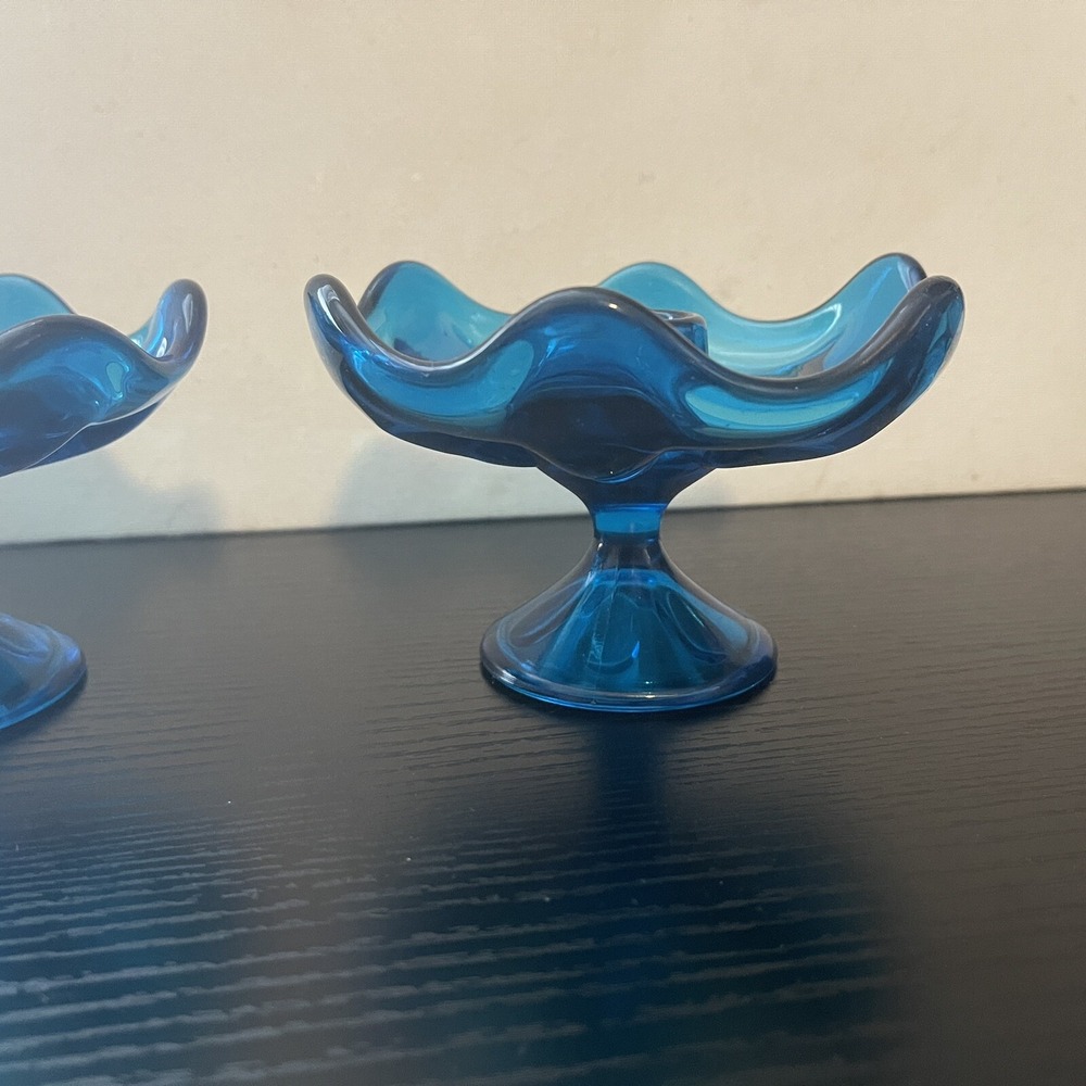 Pair 2x MCM Viking Glass Bluenique 6 Petal Candle Holders Candlestick Holder - Picture 3 of 11